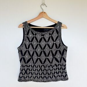 Vintage Cote d'Azur Evening Women's Black Silk Sequined Beaded Event Top Medium